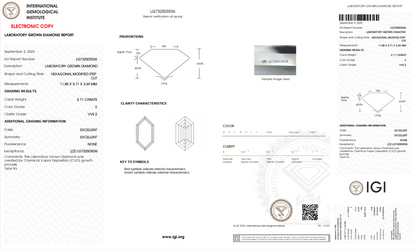 2.11ct E VVS2 IGI Certified Elongated Step Cut Hexagon Lab Diamond