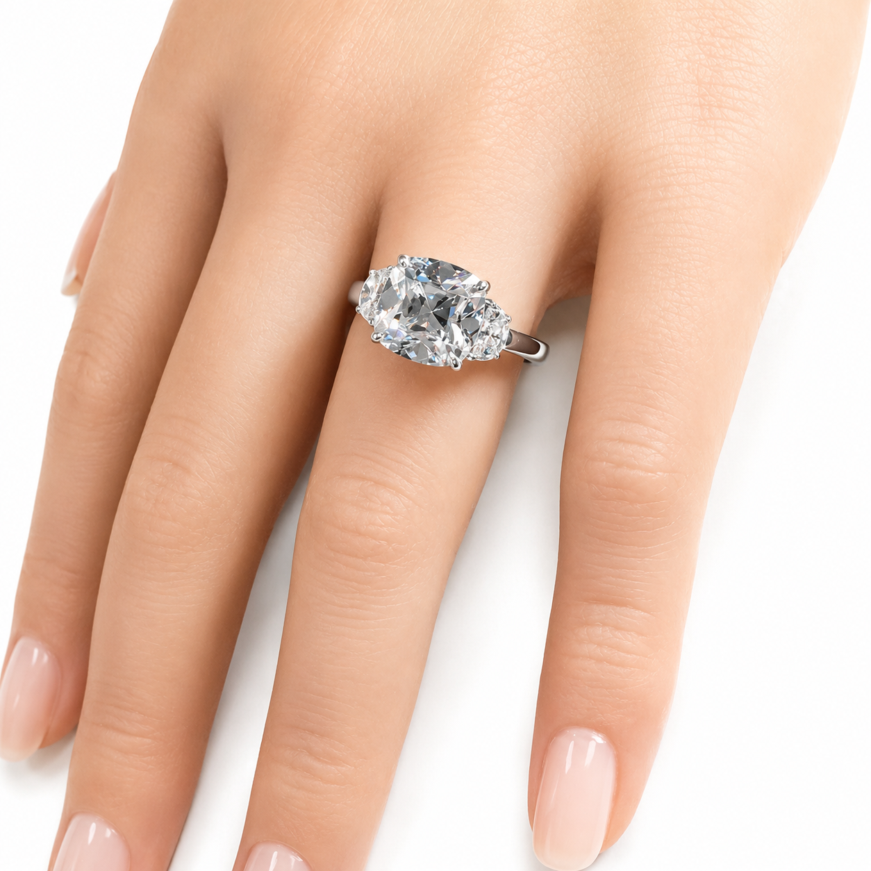 The Lunar Heirloom, 3.62ct OMC Cushion with Half Moons in 14K White Gold