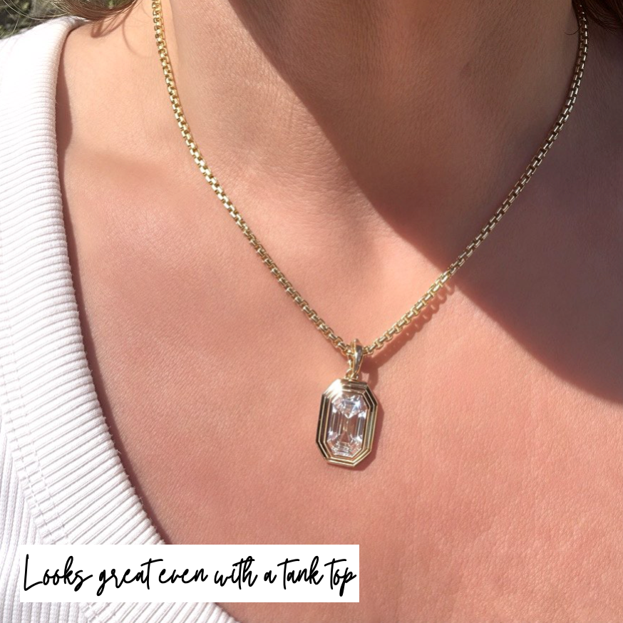 Elongated Emerald Cut Triple Bezel Pendant in Yellow Gold