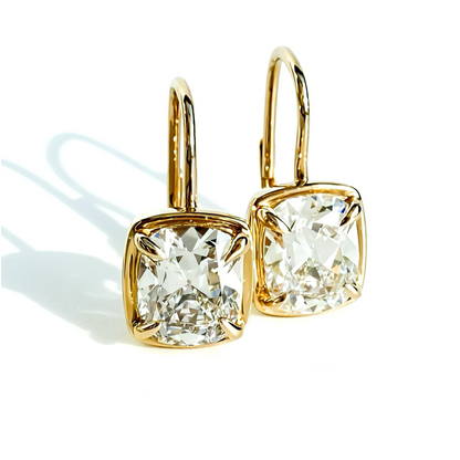 Heirloom Drops, 4ctw Antique Cut Cushion Earrings in 14K Yellow Gold