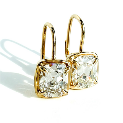 Heirloom Drops, 4ctw Antique Cut Cushion Earrings in 14K Yellow Gold
