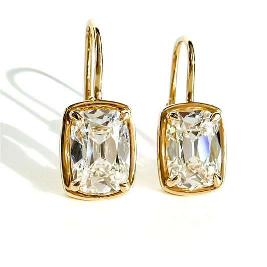 Heirloom Drops, 4.22ctw Antique Cut Cushion Earrings in 14K Yellow Gold