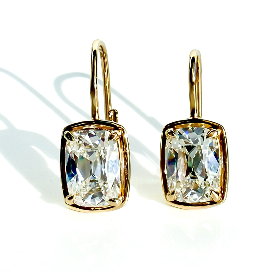 Heirloom Drops, 4.22ctw Antique Cut Cushion Earrings in 14K Yellow Gold