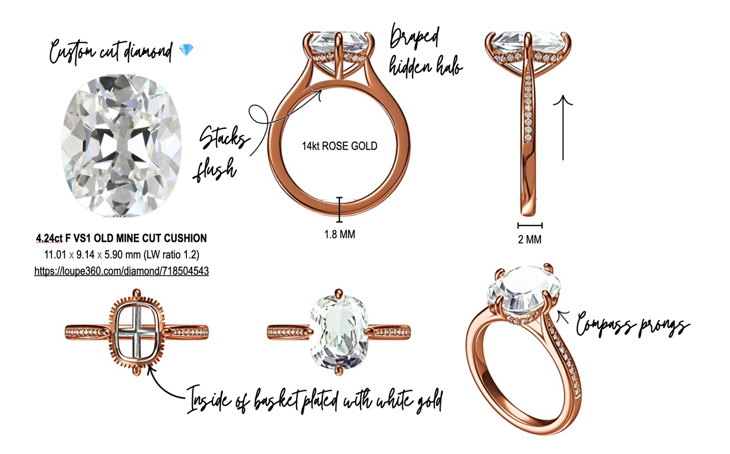 The Lodestone Rosé Old Mine Cut Cushion Solitaire