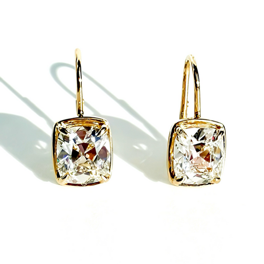 Heirloom Drops, 4.29ctw Antique Cut Cushion Earrings in 14K Yellow Gold