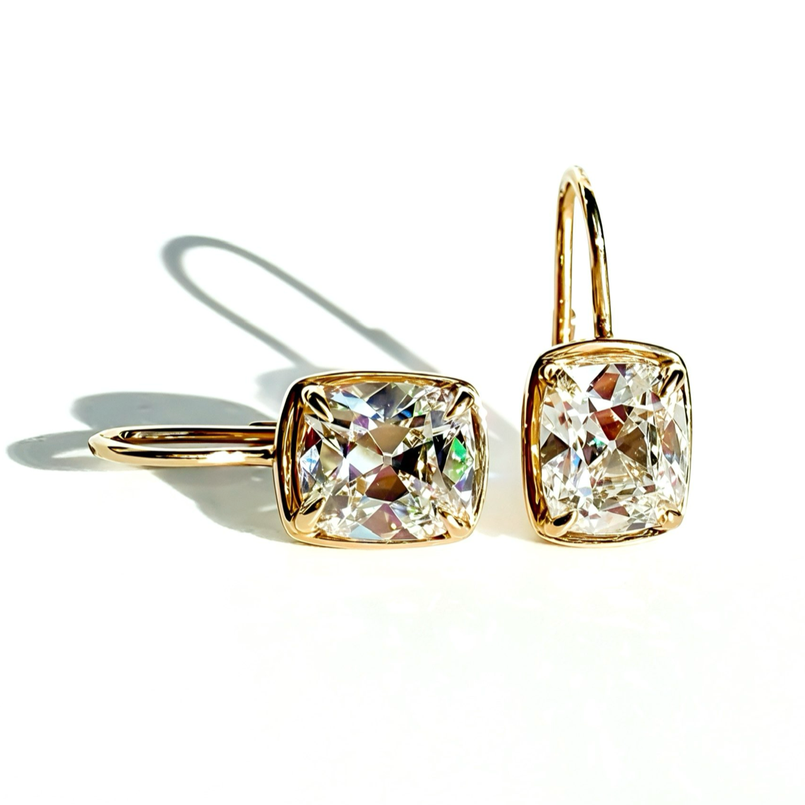 Heirloom Drops, 4.29ctw Antique Cut Cushion Earrings in 14K Yellow Gold