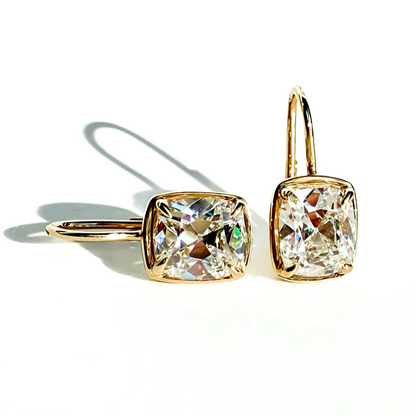 Heirloom Drops, 4.29ctw Antique Cut Cushion Earrings in 14K Yellow Gold