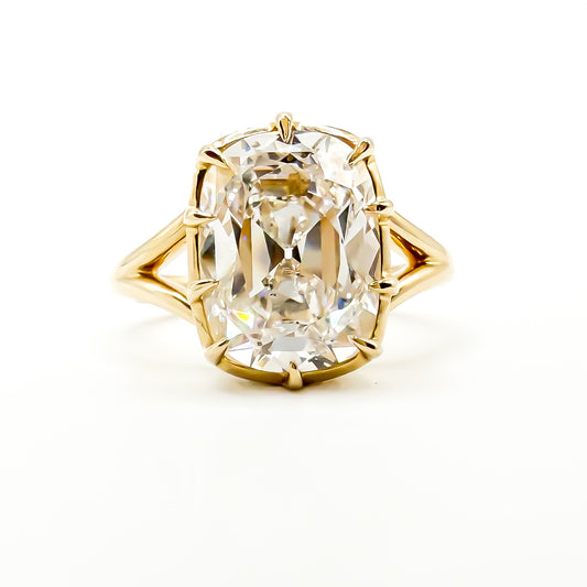 5.09ct old mine cushion cut diamond ring in 14K yellow gold, IGI certified E VVS2