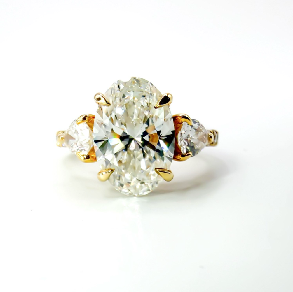 The Partridge 4.28ctw Oval Pave Ring with Side Pears in 14K Yellow Gold