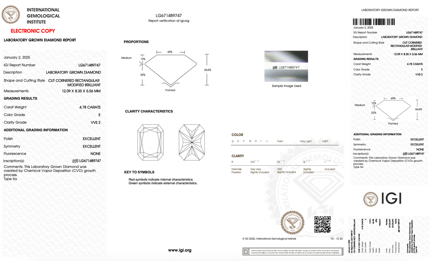 4.78ct E VVS2 IGI Certified Radiant Lab Diamond