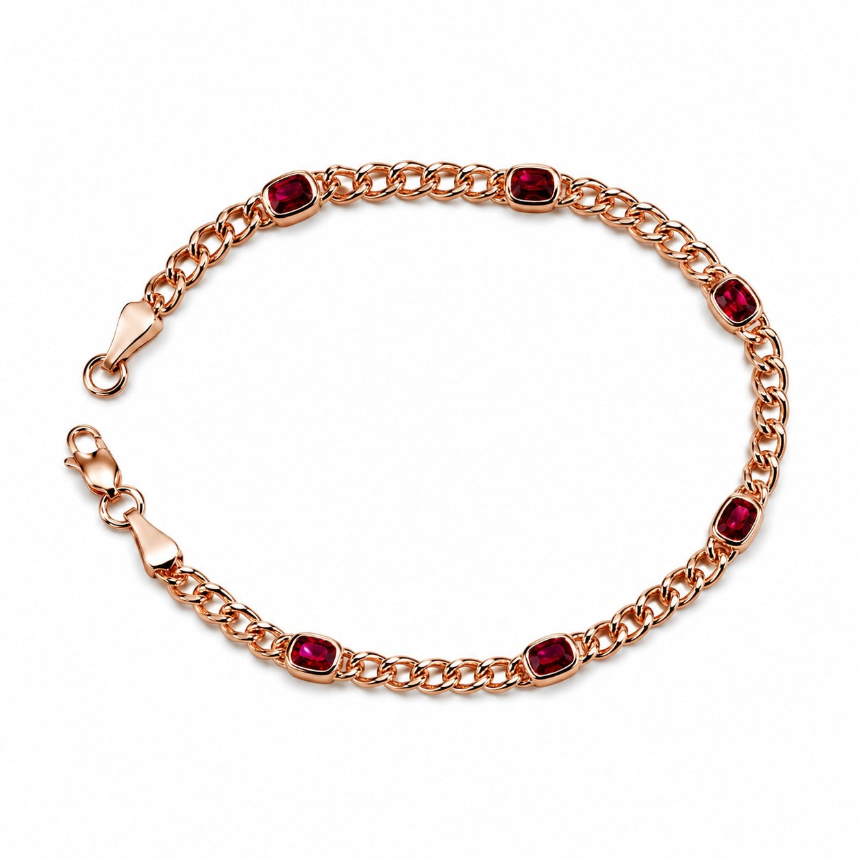 A rose gold chain bracelet featuring cushion-cut rubies set in bezels, displayed on a clean white background.