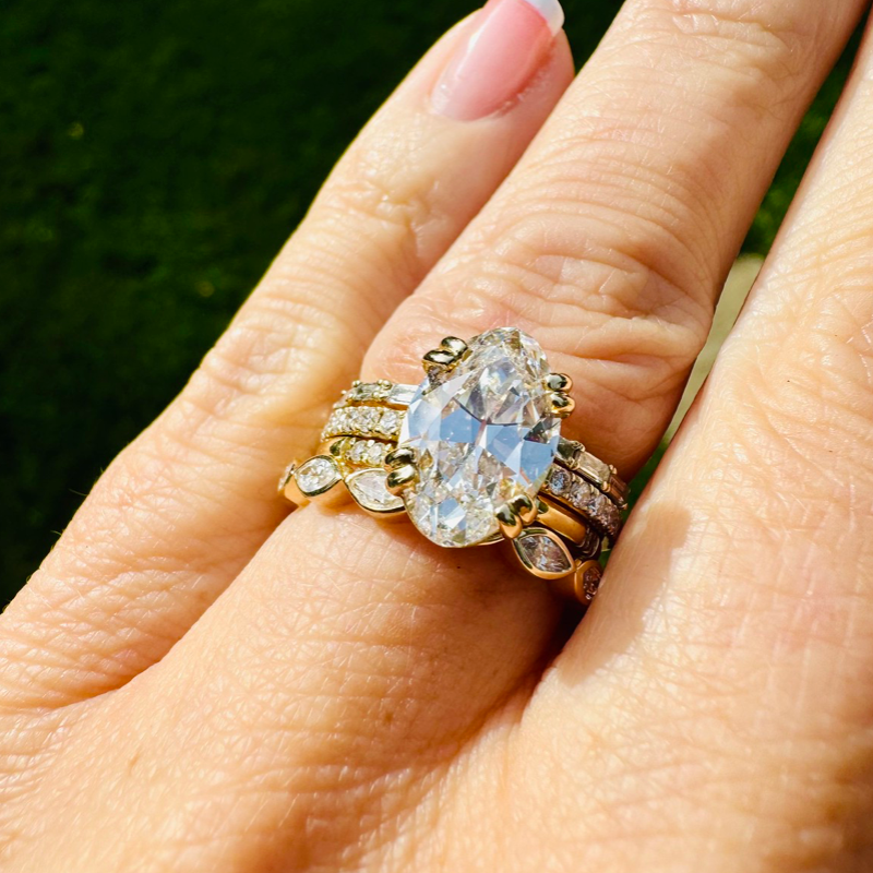 3.18ct Antique Cut Elongated Oval Pave Solitaire in Yellow Gold