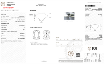 4.12ct IGI Certified Elongated Cushion Cut Lab Diamond G VS1