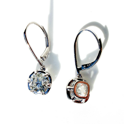 3ct E VVS1 Old Mine Cut Cushion Dangle Earrings in 14K White Gold