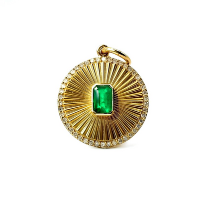 Natural Emerald and Diamond Medallion in 14K Yellow Gold