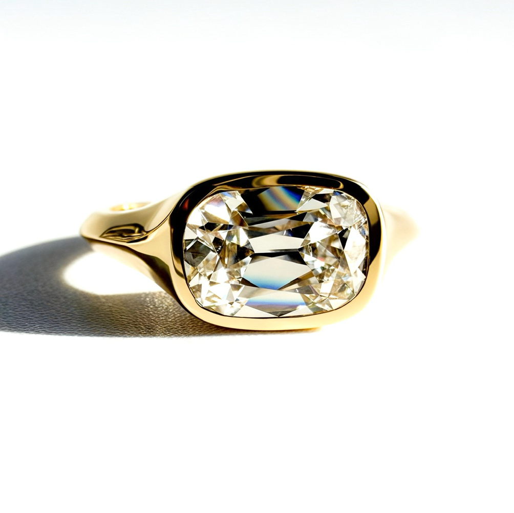 The Bicoastal Signet: 2.1ct Old Mine Cut Cushion in 14K Yellow Gold