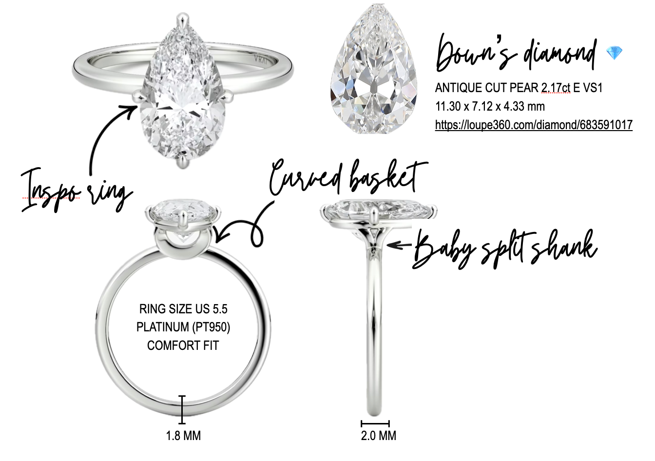 Compass Set Antique Cut Pear Diamond Ring in Platinum