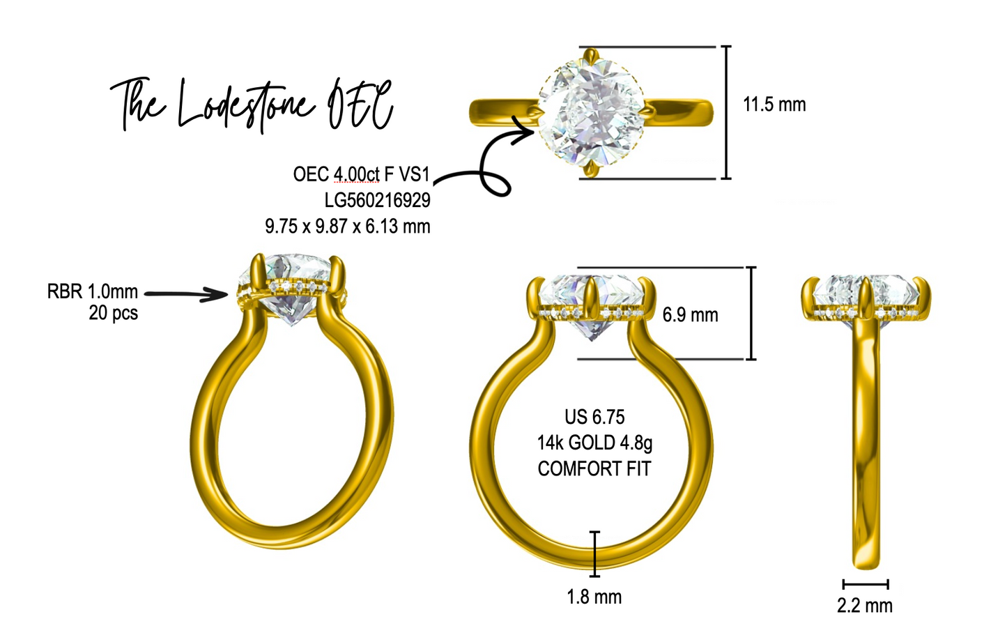 The Lodestone OEC, 4ct F VS1 in 14K Yellow Gold