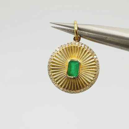 Natural Emerald and Diamond Medallion in 14K Yellow Gold