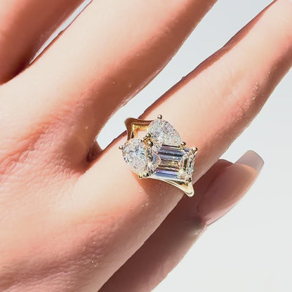 3ct Emerald and Pear Three Stone Ring in 14K Yellow Gold