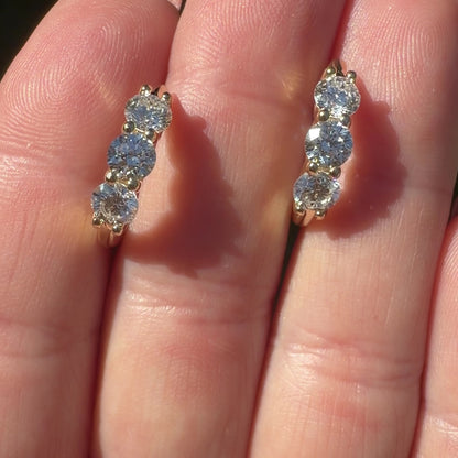 3 Stone Huggie Earrings, 2.2ctw in 14K Yellow Gold
