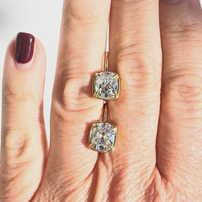 Heirloom Drops, 4ctw Antique Cut Cushion Earrings in 14K Yellow Gold