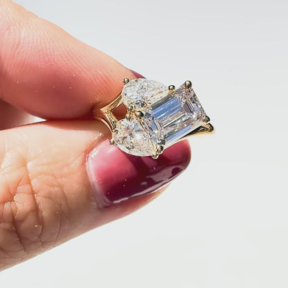 3ct Emerald and Pear Three Stone Ring in 14K Yellow Gold