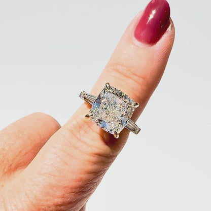 8.22ctw E VS1 Square Cushion Ring with Tapered Baguettes in 14K Yellow Gold