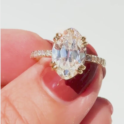 3.18ct Antique Cut Elongated Oval Pave Solitaire in Yellow Gold