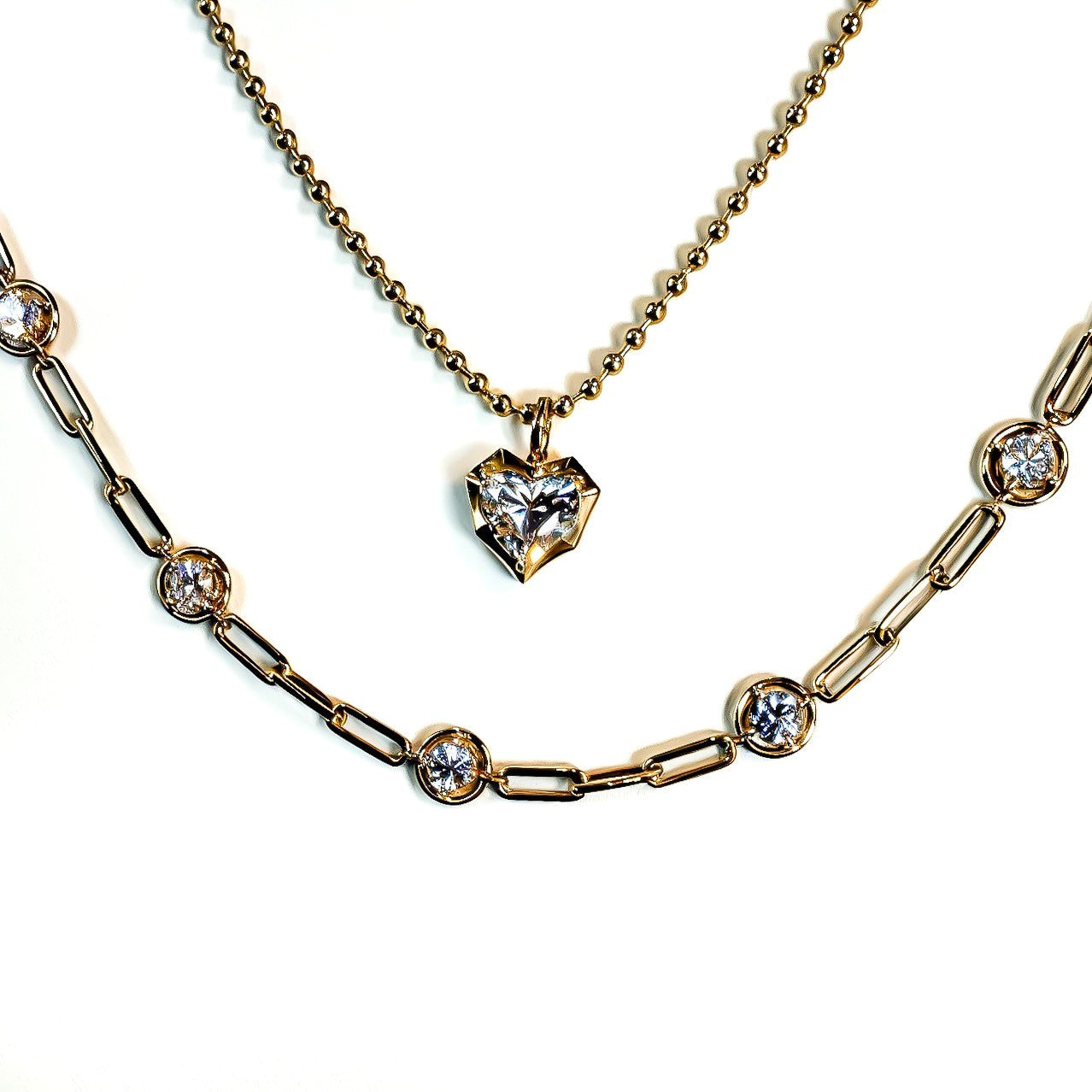 Soriano Custom 14K yellow gold paperclip necklace with 3.4ct bezel-set diamonds and a heart-shaped diamond pendant.