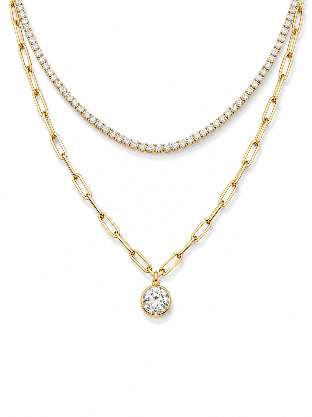 Soriano Custom 14K yellow gold layered necklace featuring a 2.07ct OEC diamond pendant and a delicate tennis chain.