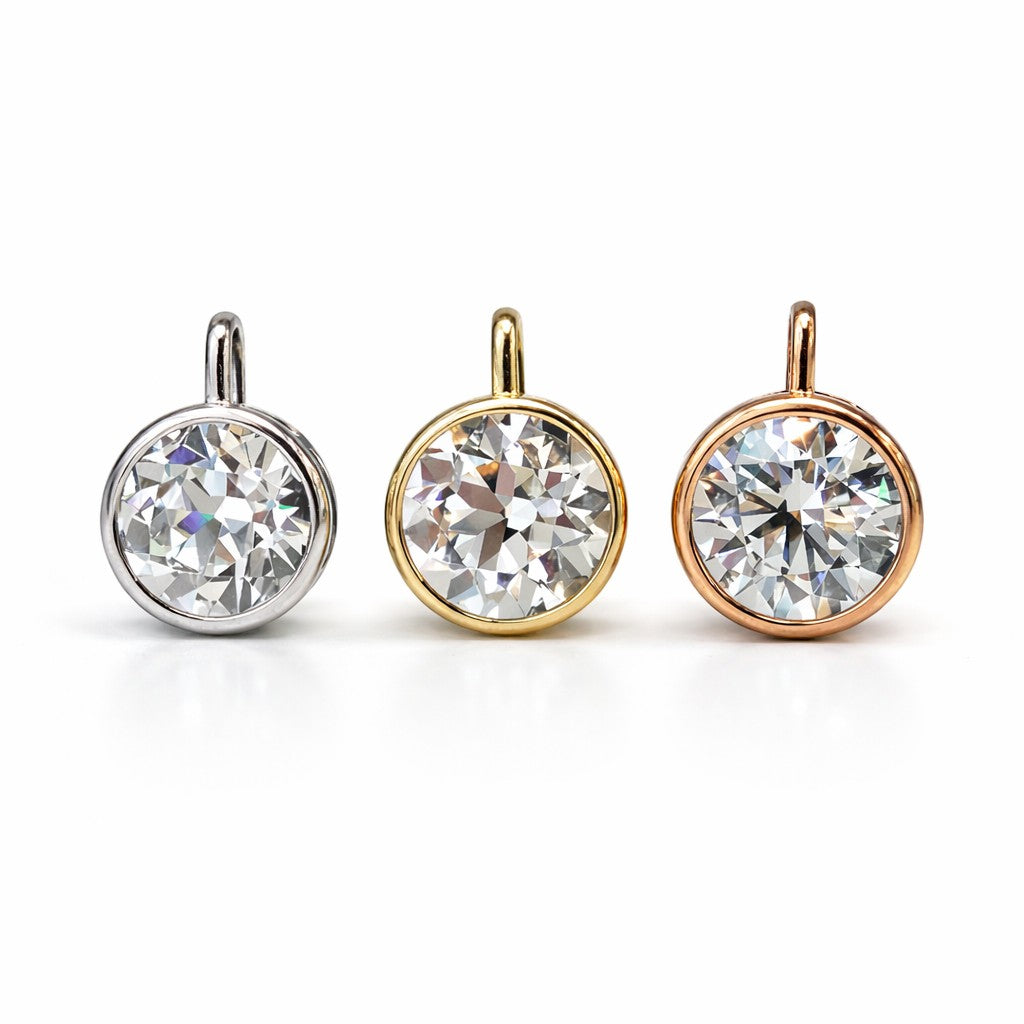 Soriano Custom 2.07ct Old European Cut diamond pendants in white, yellow, and rose 14K gold bezel settings.