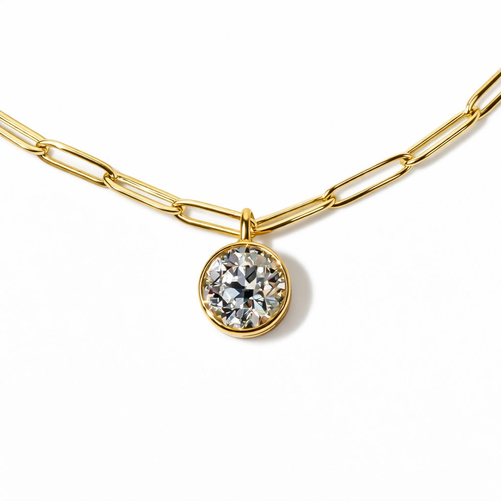 Soriano Custom 2.07ct Old European Cut diamond pendant in a 14K yellow gold bezel setting on a paperclip chain