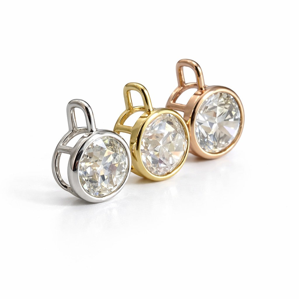 Soriano Custom 2.07ct OEC heirloom pendants in white, yellow, and rose 14K gold with bezel-set round diamonds.